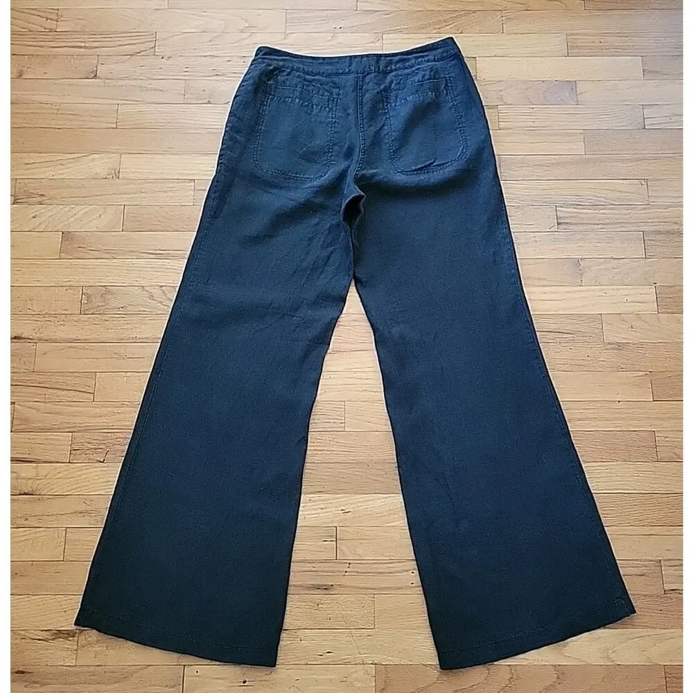 H M Hennes Black Linen Wide Leg Pants Mid Rise Unlined Boho‎ Classic Lagenlook
